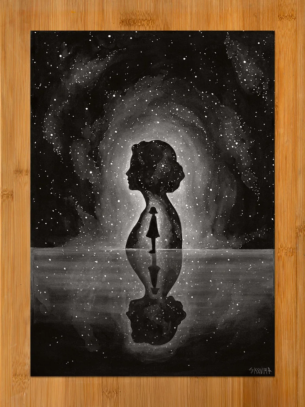 Surreal drawing The Fertile Void depicting a girl connected to a reflective cosmic space symbolizing creation and consciousness.