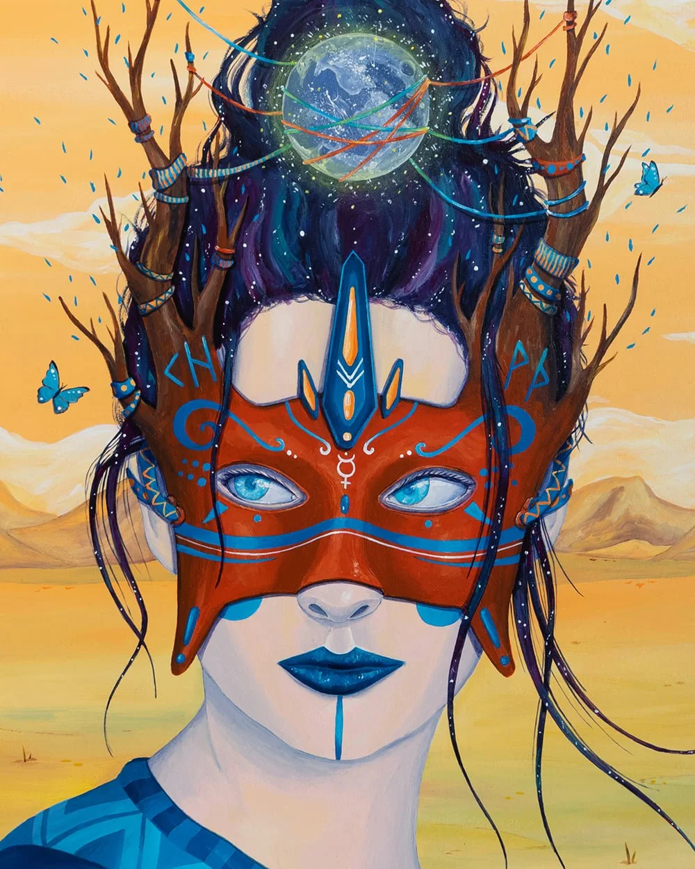 Detail of The Divine Feminine, painting by Skount: mask with Mercury symbol and Viking runes Thurisaz, Kano, Wunjo, Hagalaz; branches reach the moon, symbolizing intuition, creativity, and soul transformation.