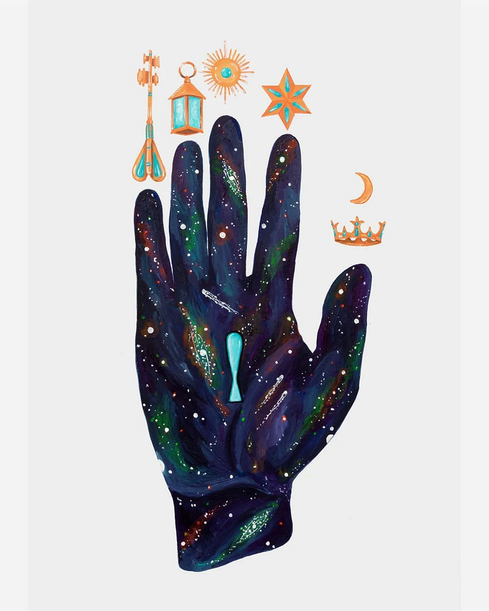 Cosmic hand illustration “Hand of Mysteries” by Skount, representing alchemical transformation, inner knowledge, and self-discovery.