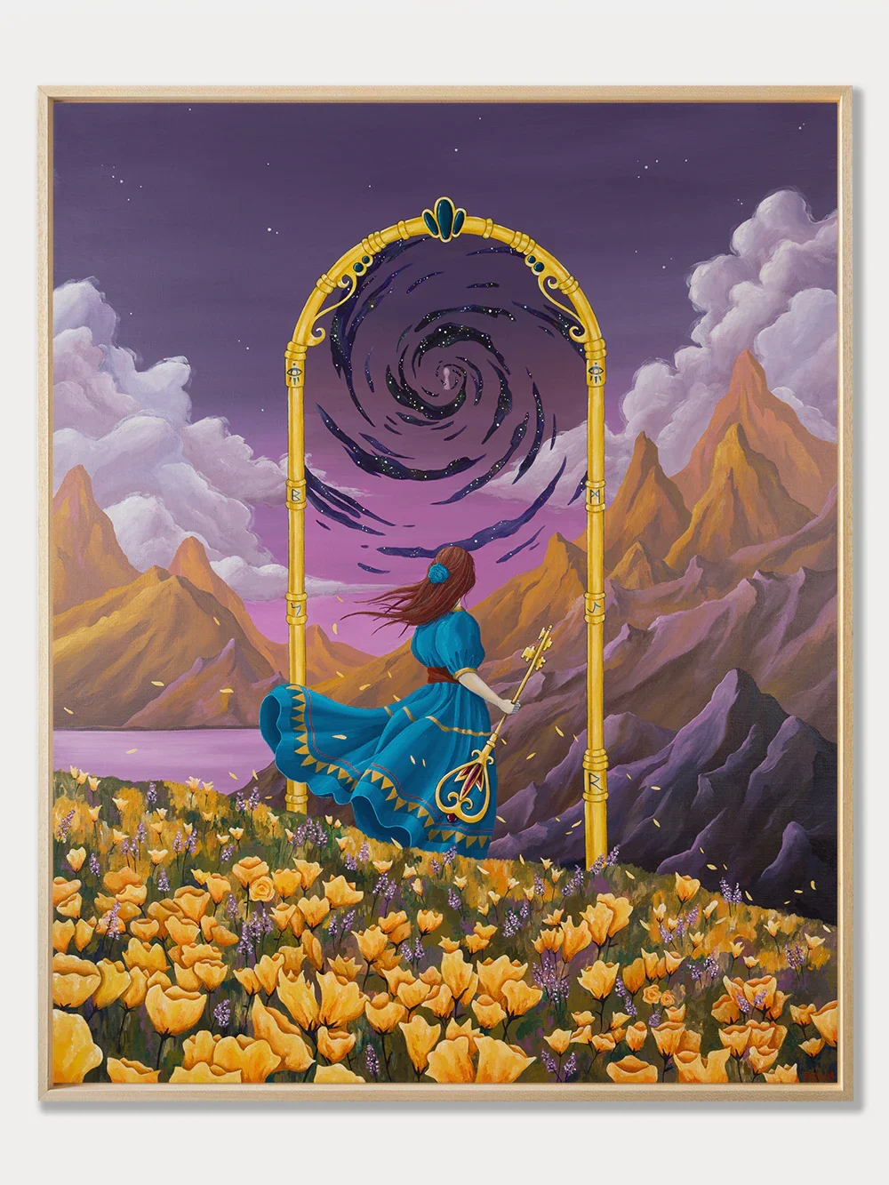 Surreal painting The Keyless Gate depicting a symbolic threshold, cosmic universe, and key symbolism