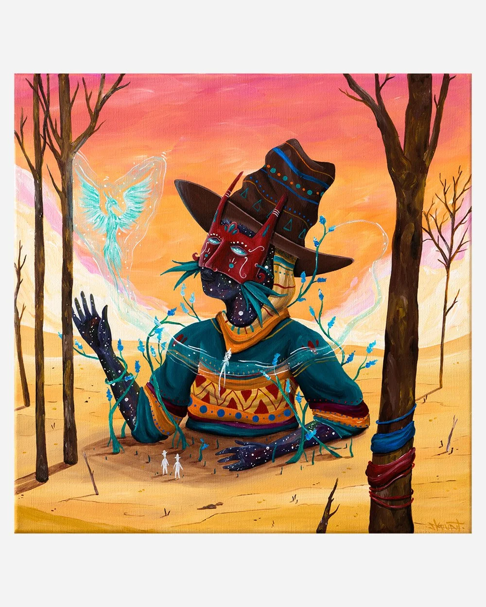 The Cosmos That Rises painting by Skount, featuring the cosmic central figure, two luminous observers, and the blue phoenix symbolizing spiritual rebirth.