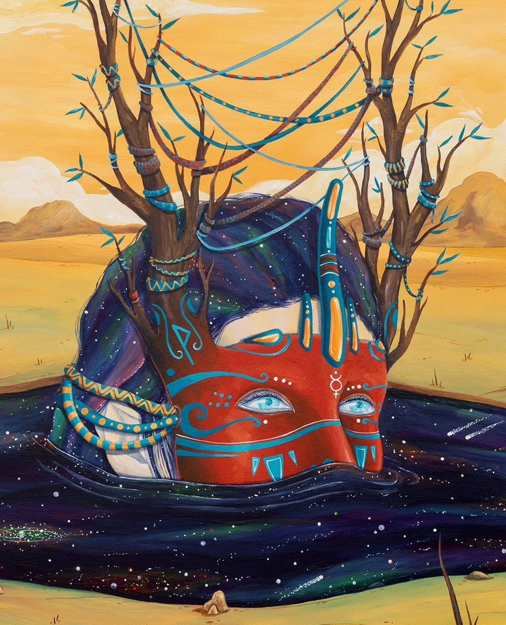 Detail of Diving into the Unknown by Skount showing the masked figure with branches emerging, surrounded by a fluid, dreamlike universe merging with desert sands, representing inner growth and imagination.
