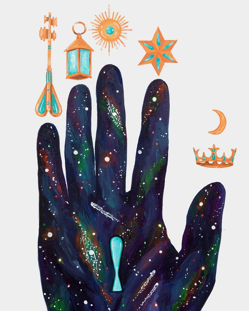 Detail of symbolic elements in Hand of Mysteries, representing hidden knowledge and self-discovery.