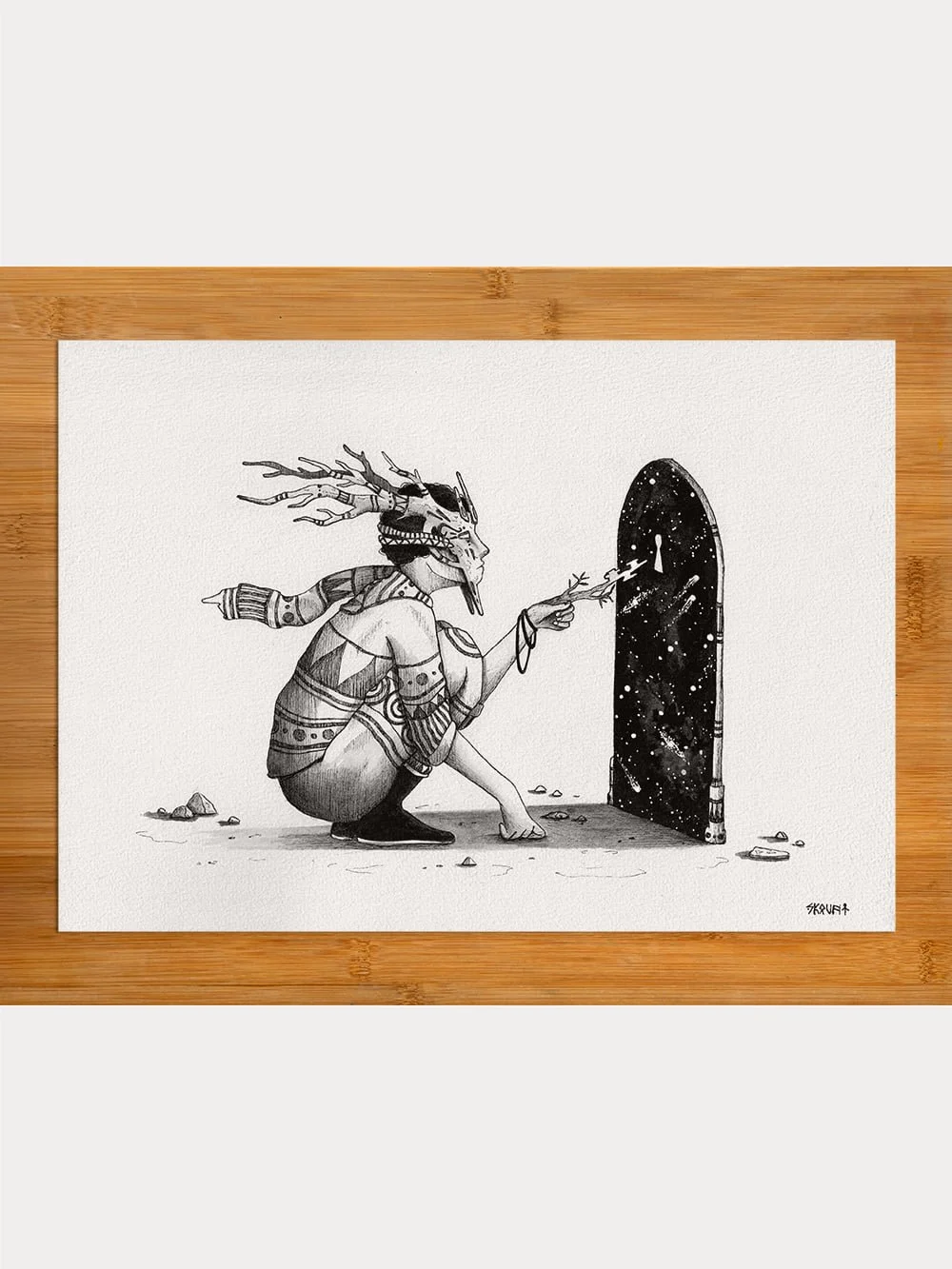 Surreal drawing A Key to New Beginnings showing a figure unlocking a door filled with a cosmic universe.