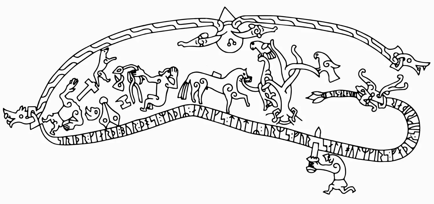 Drawing of the Ramsund runic inscription in Södermanland, Sweden, depicting Norse mythology alongside ancient runic writing.