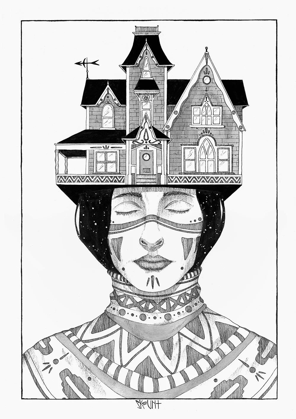 Build a Home, original drawing by Skount. Archival ink on paper