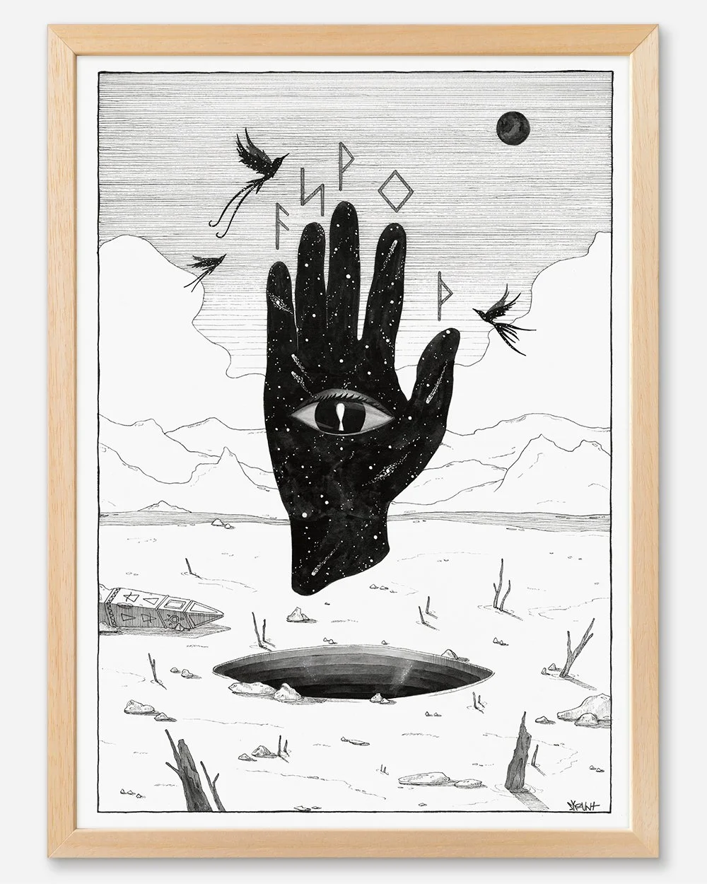 Framed version of Skount’s ink illustration The Revelation Within featuring cosmic and runic symbolism.