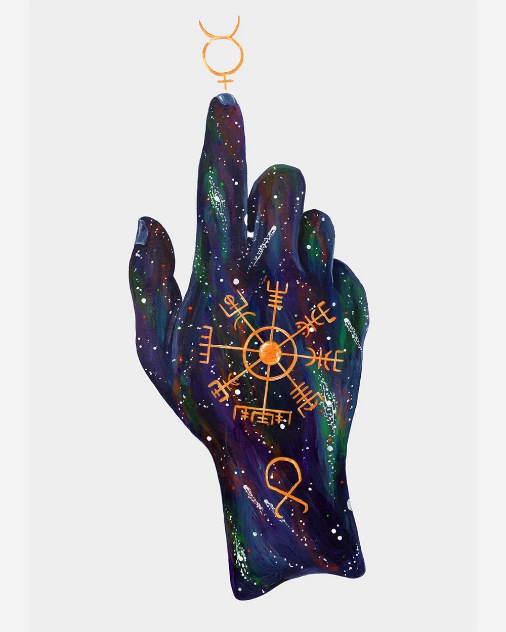 Cosmic hand illustration “Vegvísir: The Wayfinder” by Skount, featuring Viking symbols of protection, guidance, and alchemical transformation.