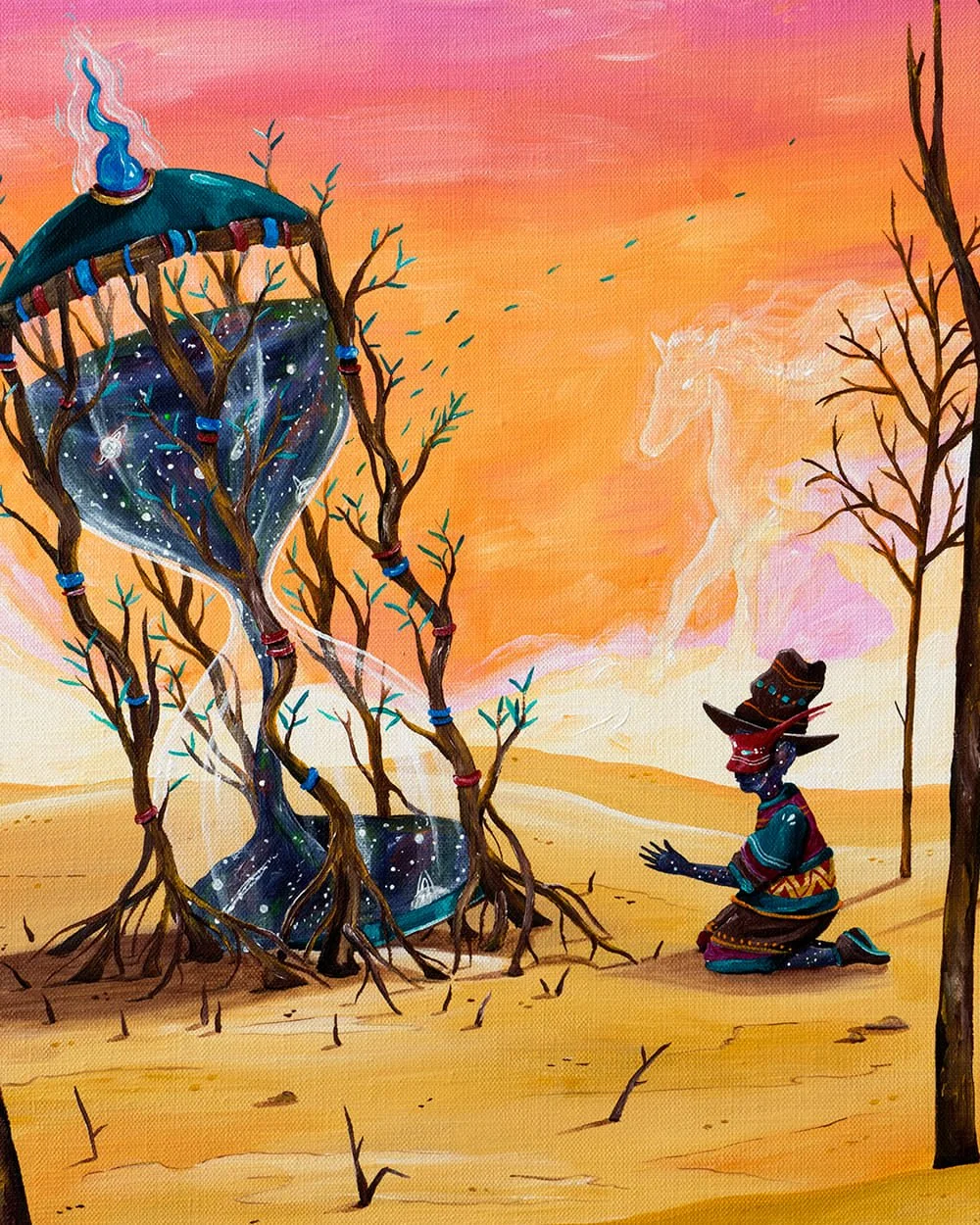 Detail of The Endless Transience of Time showing the cosmic sand and symbolic horse in motion