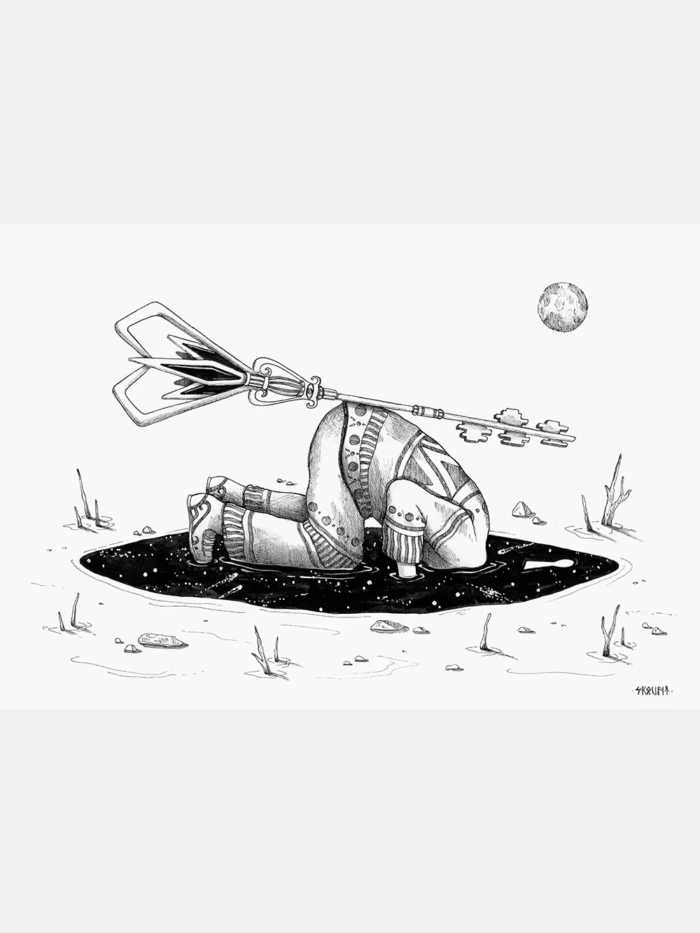 Searching A New Path by Skount, a symbolic surreal ink drawing featuring a figure kneeling before a cosmic void with a key symbol