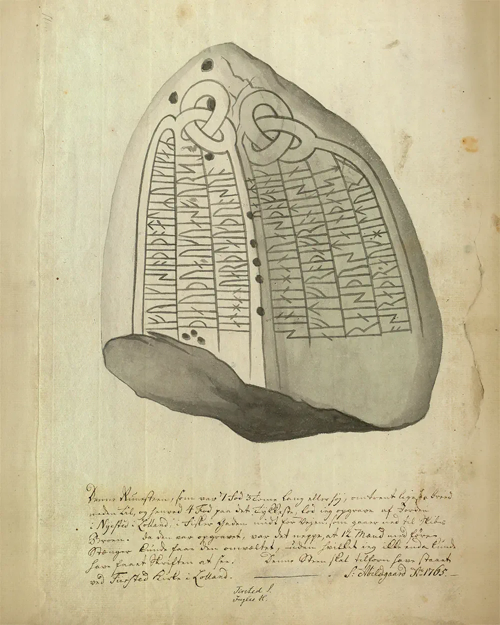 Historic drawing of the Tirsted Runestone showing a Viking Age runic inscription preserved through an eighteenth-century illustration.