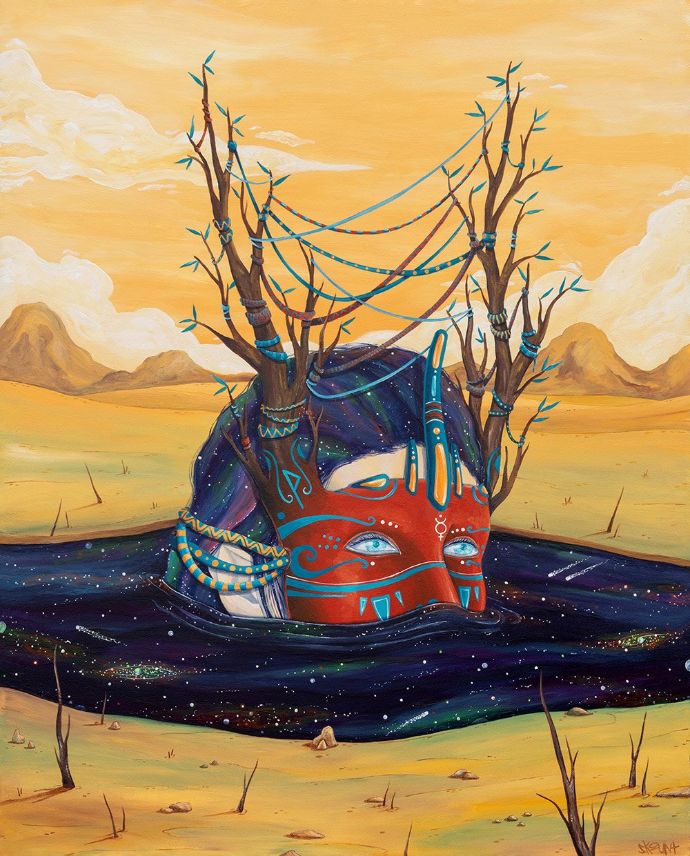 Diving into the Unknown, surreal painting by Skount depicting a masked figure partially submerged in a liquid universe that rises from a desert landscape, symbolizing transformation, growth, and exploration of the unknown.