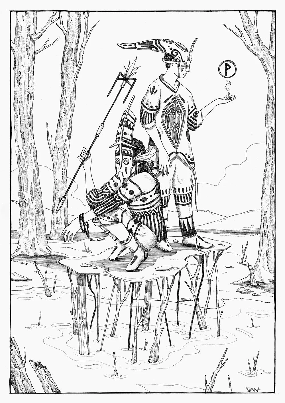 Wunjo and Mannaz, illustration by the spanish artist Skount