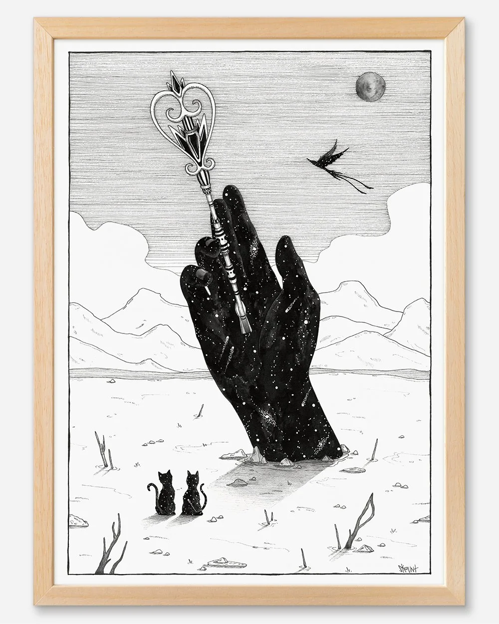 Framed version of ‘Access to the Inner Knowledge,’ ink illustration featuring a key unlocking a cosmic hand.