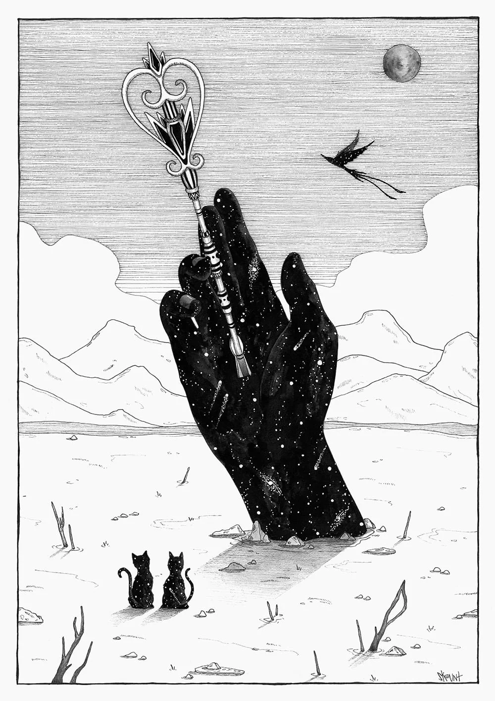 Ink illustration of a key entering the cosmic Mystery Hand / Philosophers, symbolizing the unlocking of hidden wisdom, self-discovery, and spiritual growth, reflecting infinite potential, inner knowledge, and universal interconnectedness.