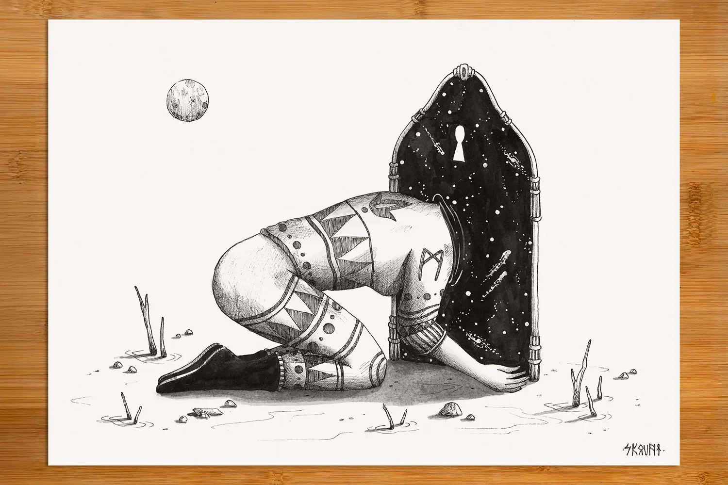 Original ink drawing on paper for Beyond the Threshold by Skount featuring surreal portal symbolism and cosmic imagery.