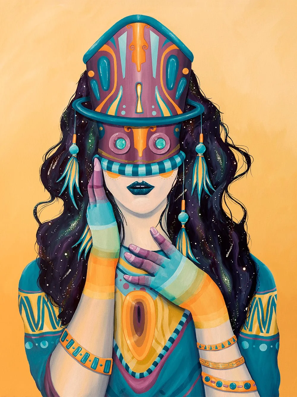 Symbolic painting Veiled Knowledge by Skount showing a veiled figure representing hidden wisdom and introspection.