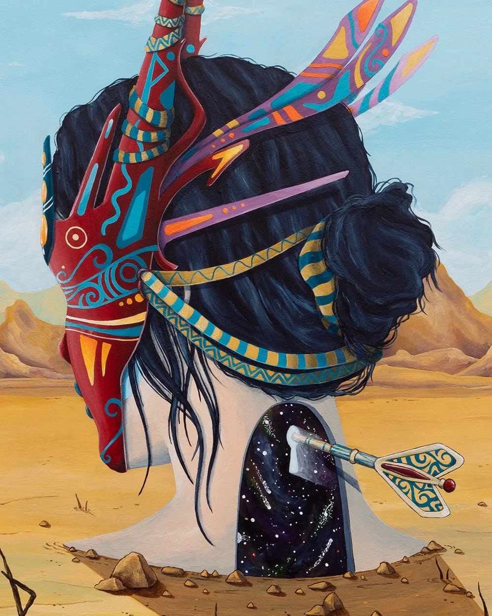 Detail of Unlocking by Skount highlighting the cosmic doorway, symbolic mask, and inner light.