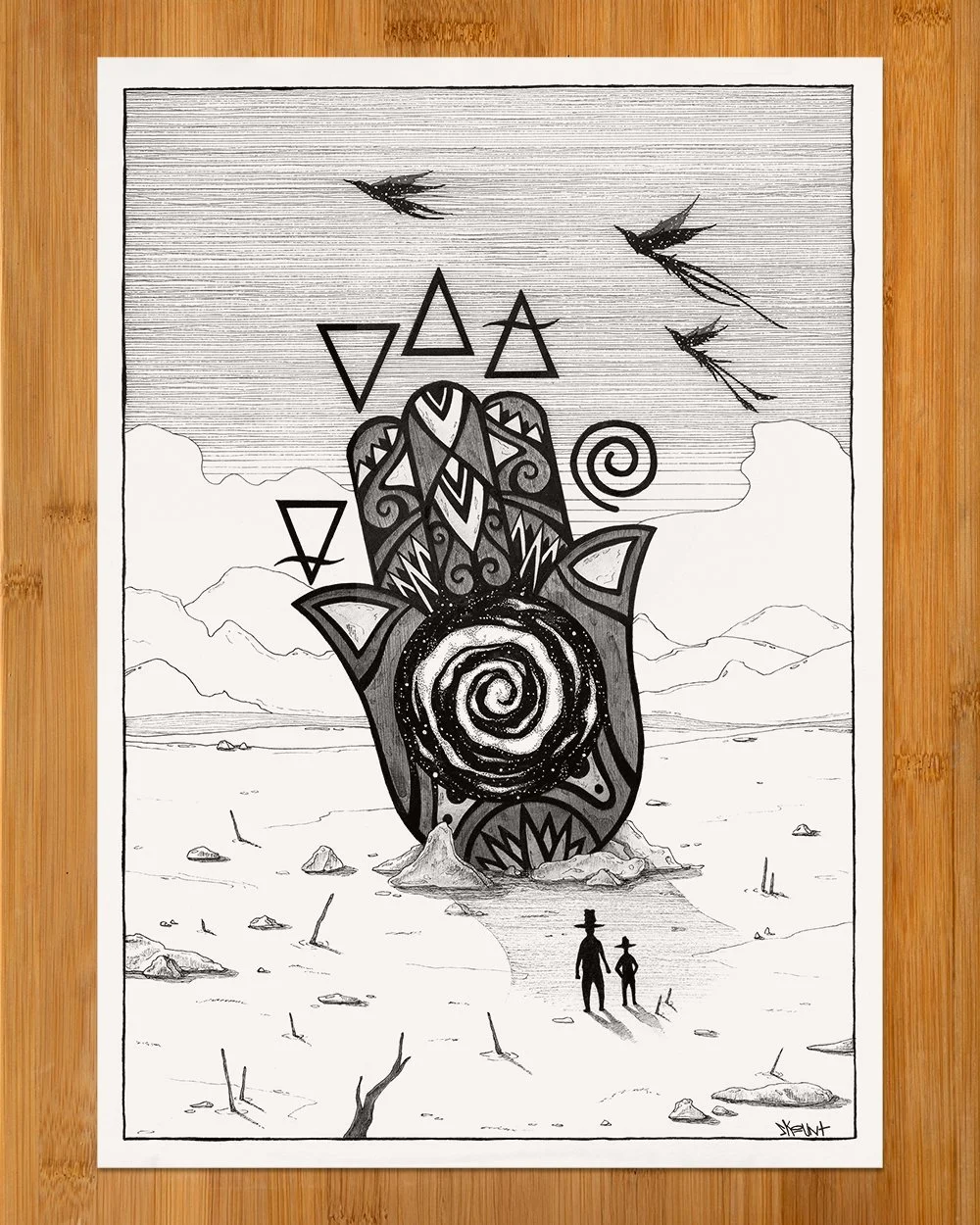 Full ink illustration ‘The Secrets of Transformation’ by Skount – mystical art exploring transformation through Hamsa and alchemical symbolism.