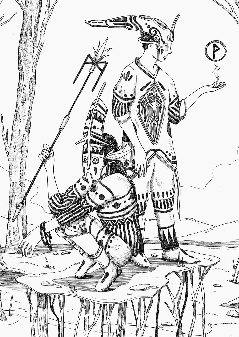 Drawing detail of Wunjo and Mannaz, painted by Skount