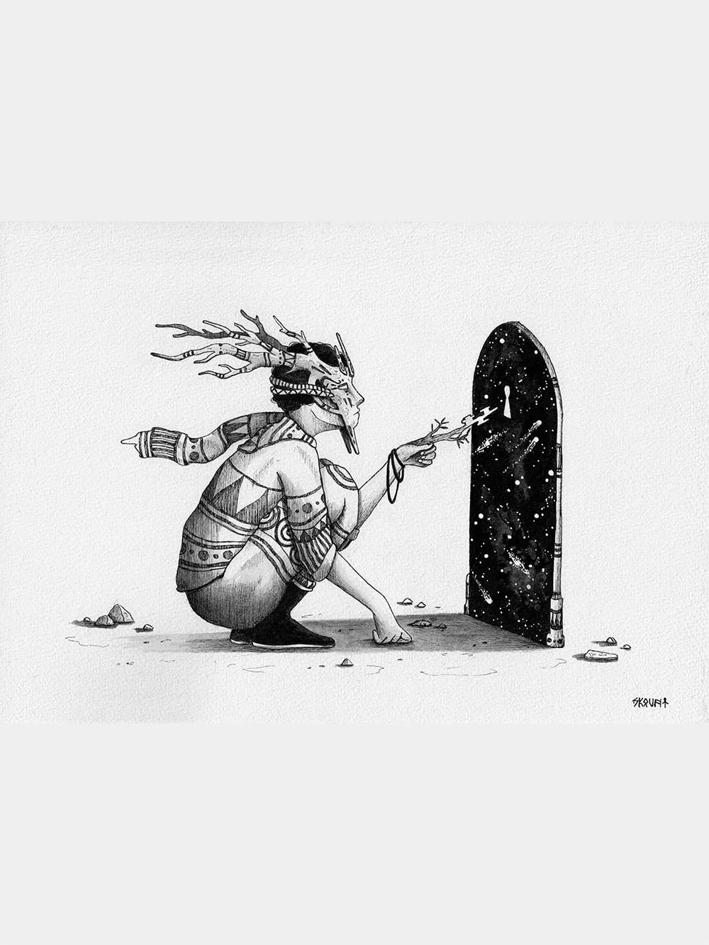 A Key to New Beginnings by Skount, a symbolic ink drawing of a figure whose finger transforms into a key opening a cosmic door.