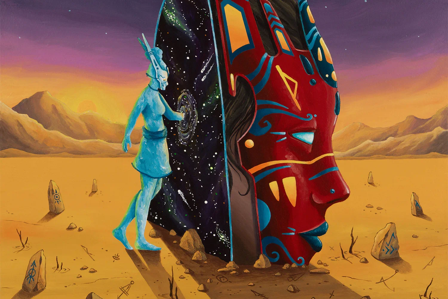 The Threshold Within by Skount, a contemporary painting incorporating Nordic runes, symbolic imagery, and themes of perception and transformation.