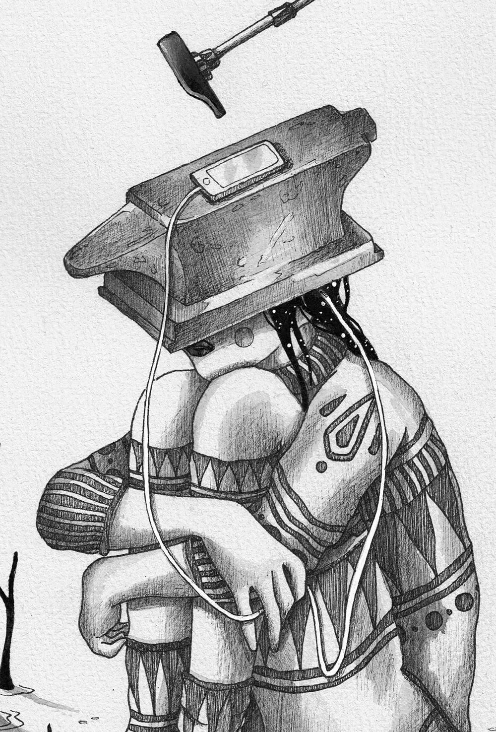 Detail of Connected / Disconnected highlighting the figure and glowing device symbolizing digital immersion