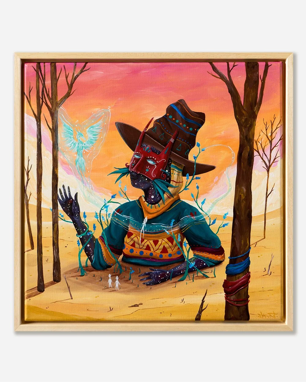 The Cosmos That Rises, painting by Skount, featuring a cosmic figure emerging from the desert with blooming flowers and a blue phoenix.
