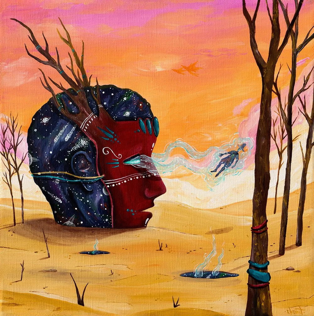 The Time Consciousness painting by Skount – artwork showing a figure emerging from an open wooden mask surrounded by cosmic fragments, symbolizing awareness and inner reflection.