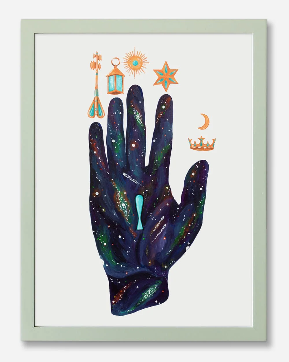Framed presentation of Hand of Mysteries, a mystical illustration inspired by alchemy.