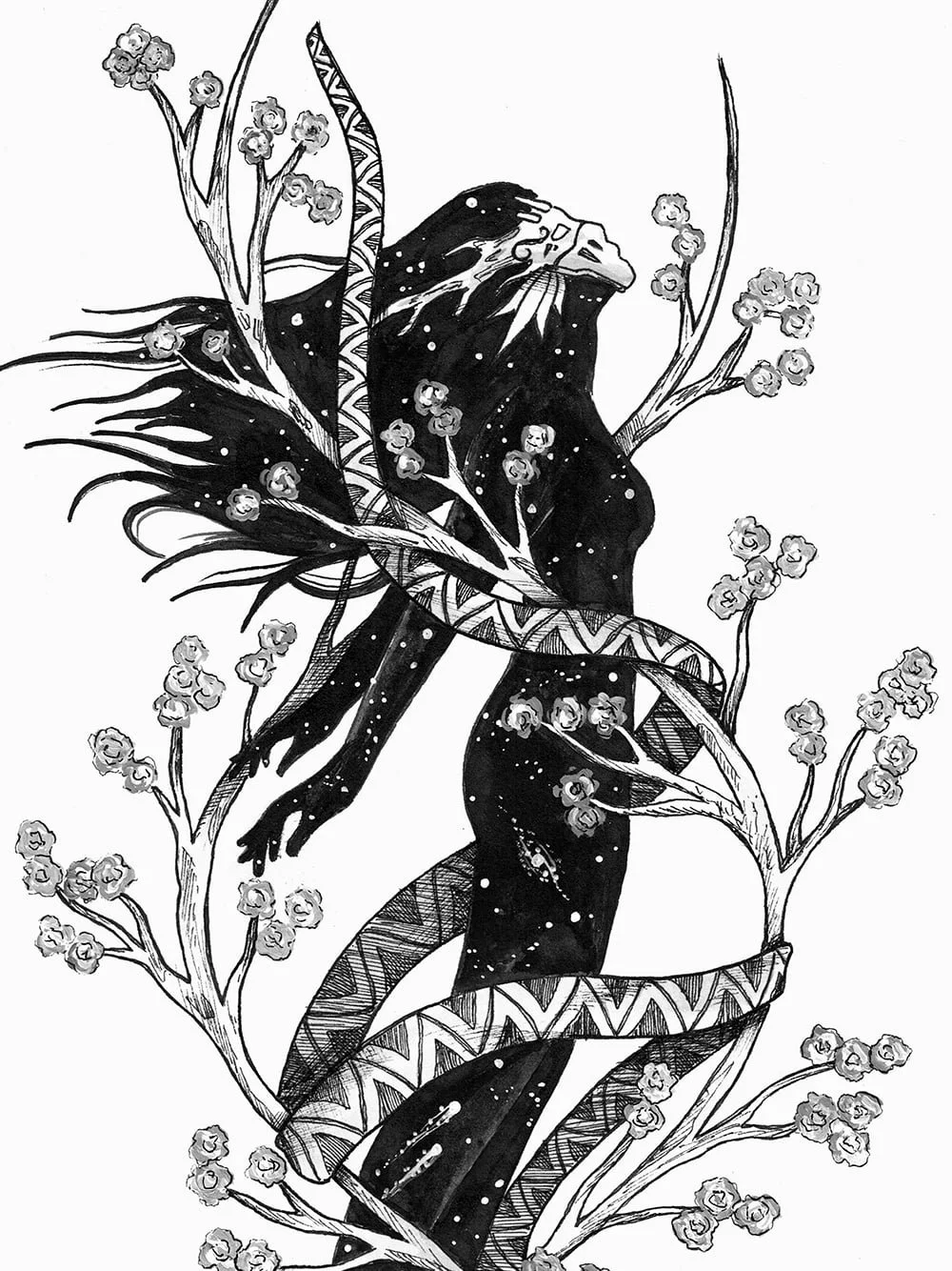 Detail of HELIX ink drawing by Skount highlighting spiral lines and texture in symbolic composition