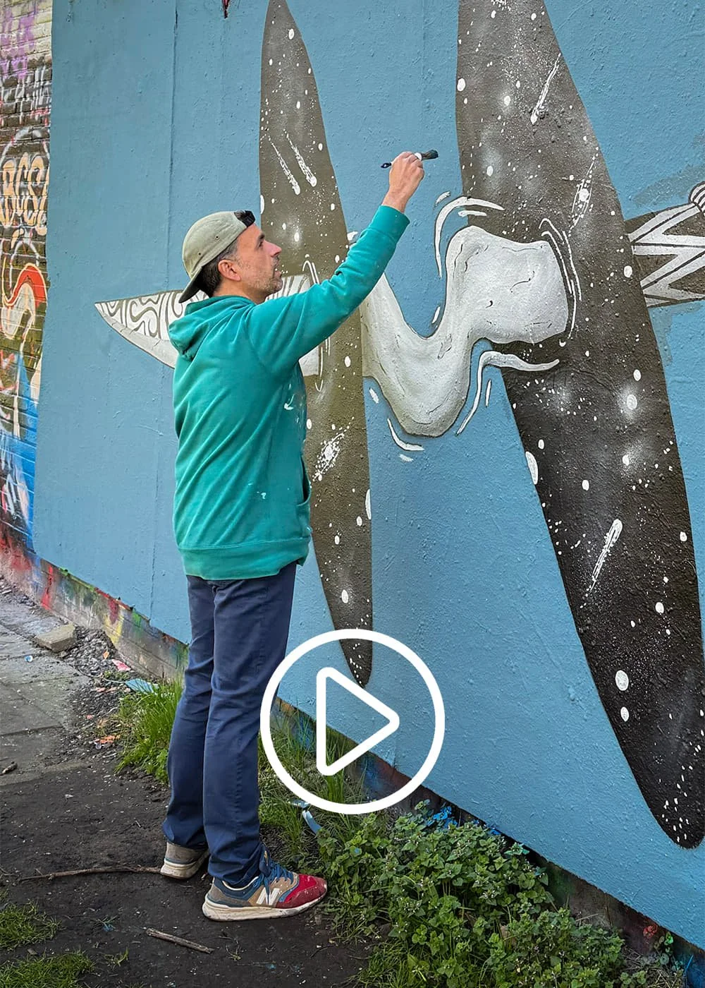 Skount painting The Sharp Threshold mural in Amsterdam street art process