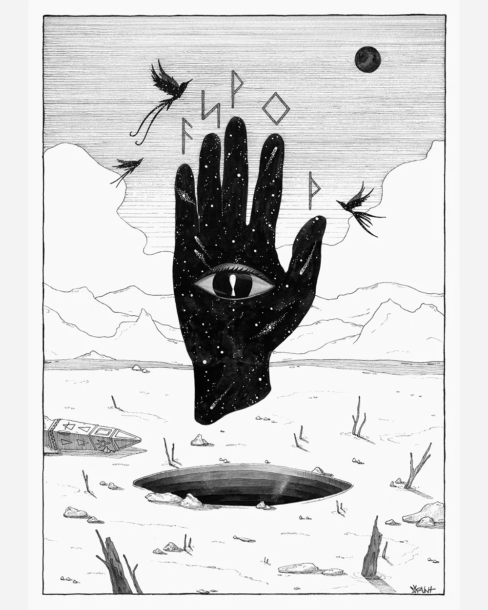 The Revelation Within by Skount – ink illustration of a cosmic hand with an all-seeing eye and Norse runes