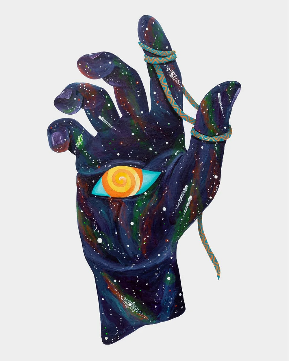 Acrylic painting by Skount of cosmic hands with an eye, exploring inner universes, introspection, and symbolic energy.