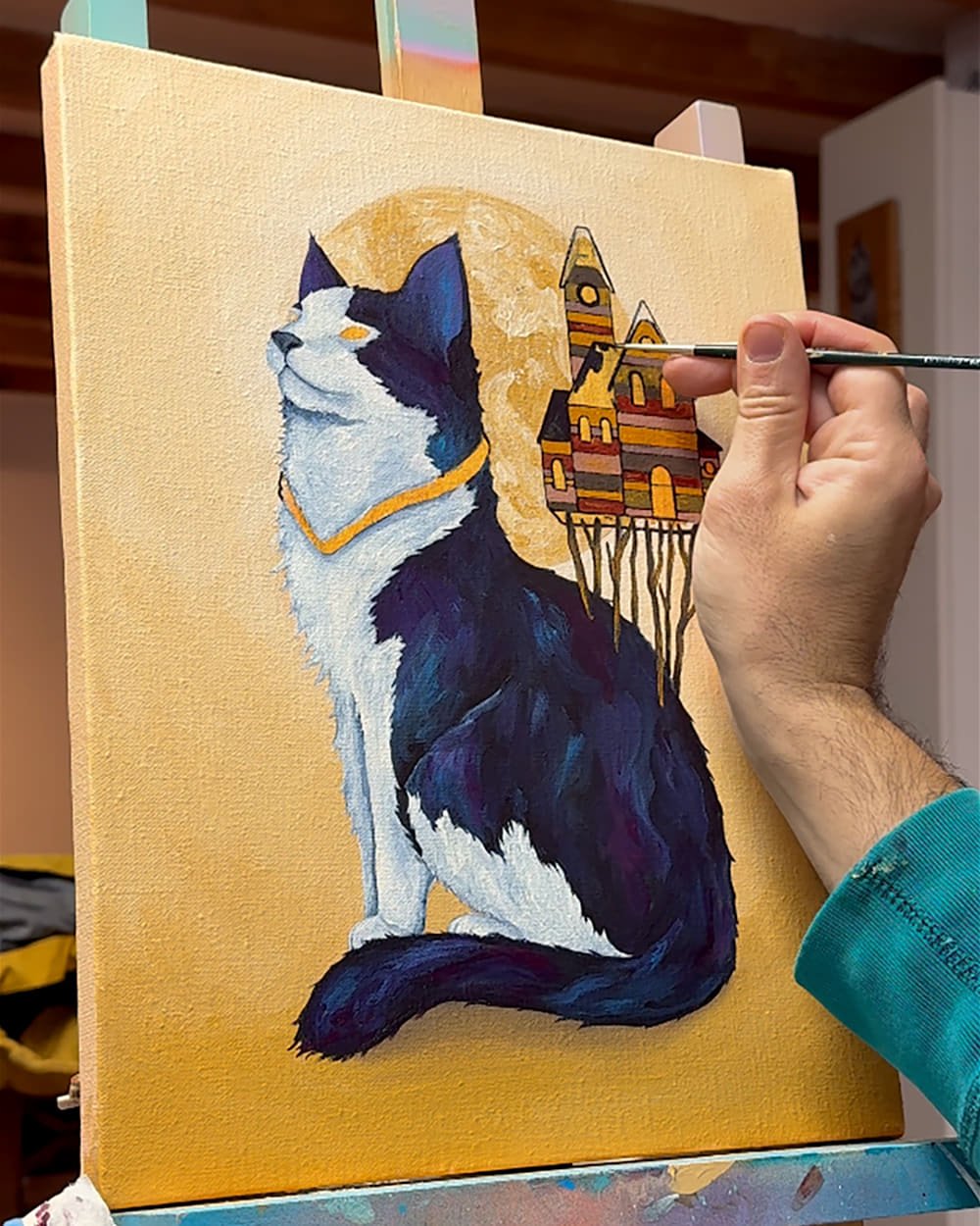 Work in progress of The Keeper painting by Skount showing early stages of a cosmic cat symbolic artwork