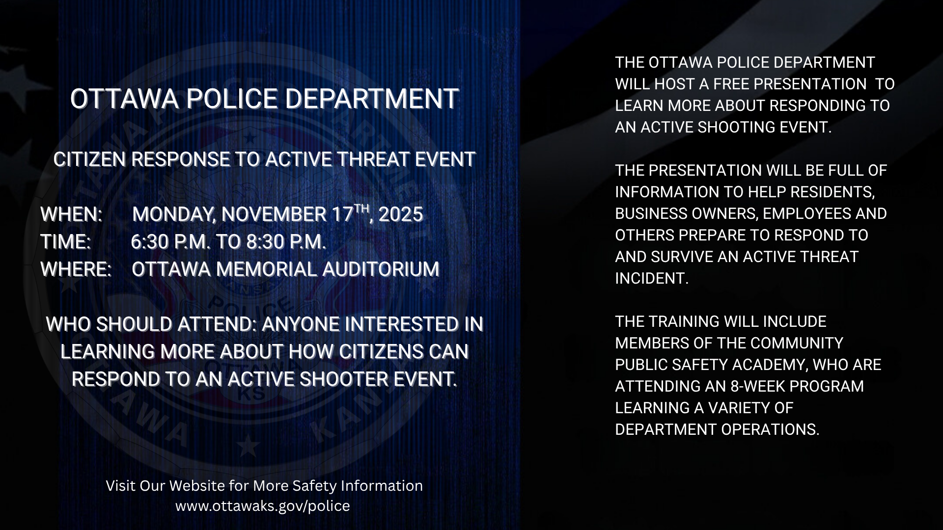 Citizen Response To Active Threats Event - Hosted by The Ottawa Police Department