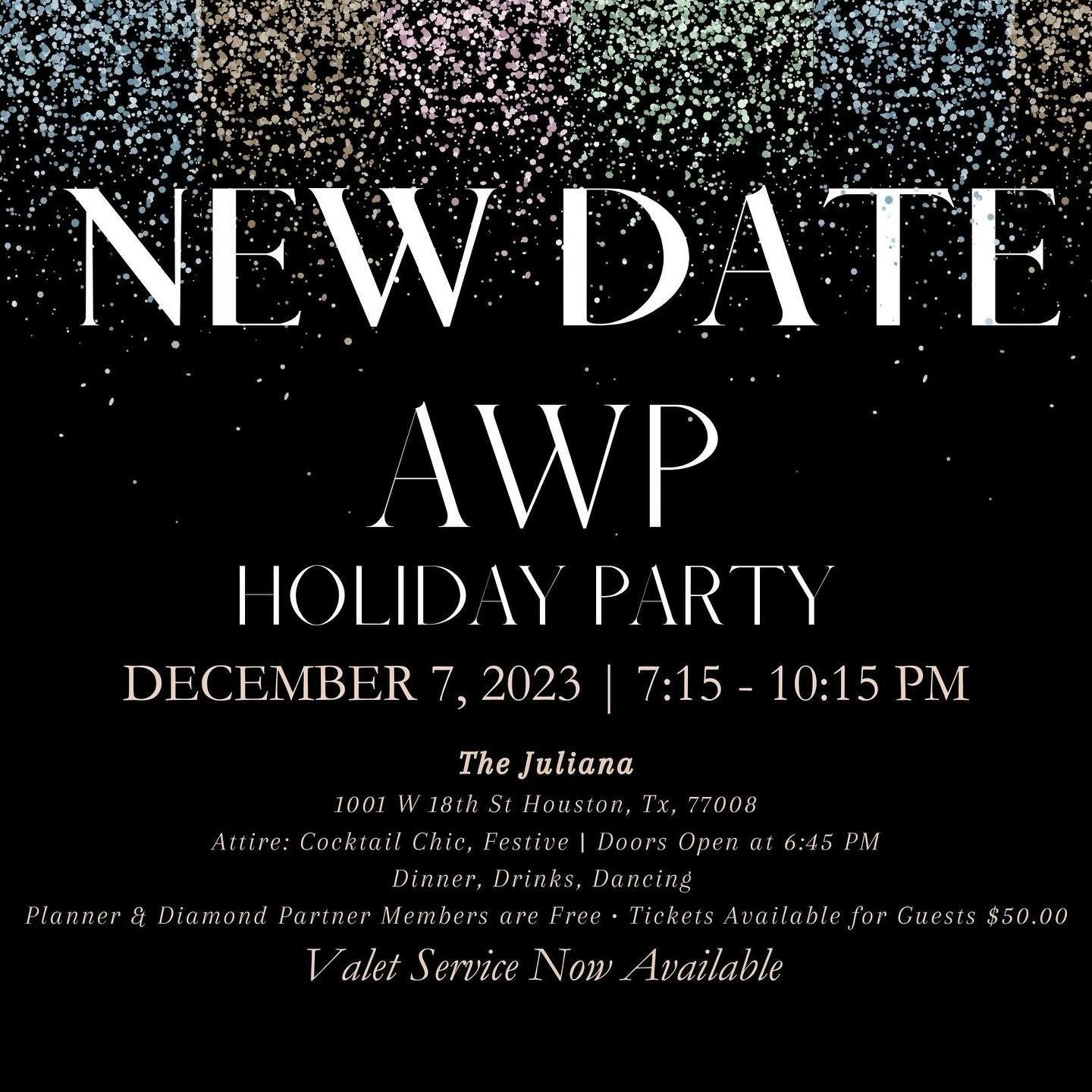 ⭐️ N E W  D A T E ⭐️

✨ 🪩Annual Holiday Party 🪩 ✨

Thursday, December 7, 2023 | 7:15-10:15pm
Doors Open at 6:45pm

~The Juliana~

1001 W 18th St Houston, Tx, 77008
Dress Code: Cocktail Chic, Festive 

Due to inclement weather, our holiday party is 