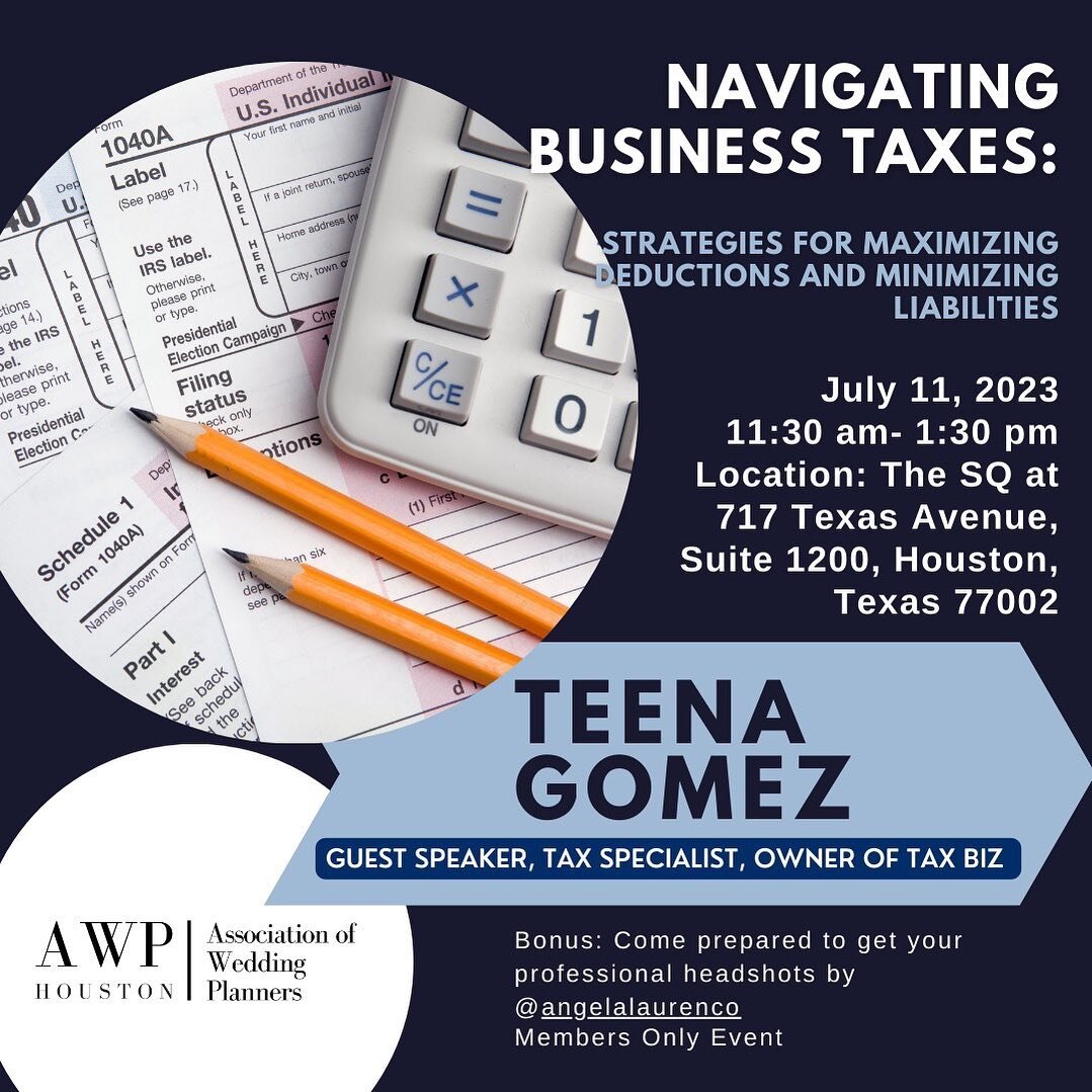 Join us for an exclusive AWP members-only event where we'll dive deep into the world of business taxes. 💼💸

Date: July 11, 2023
Time: 11:30 pm- 1:30 pm
Location: The SQ at 717 Texas Avenue, Suite 1200, Houston, Texas 77002

📌 Tax season can be ove