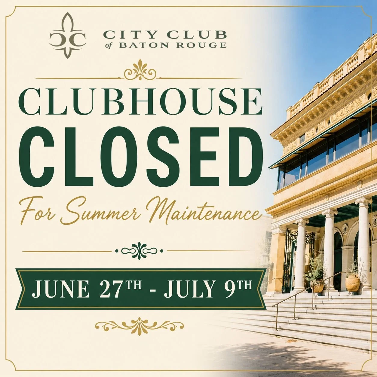 CITY CLUB'S SUMMER CLOSURE 2026
