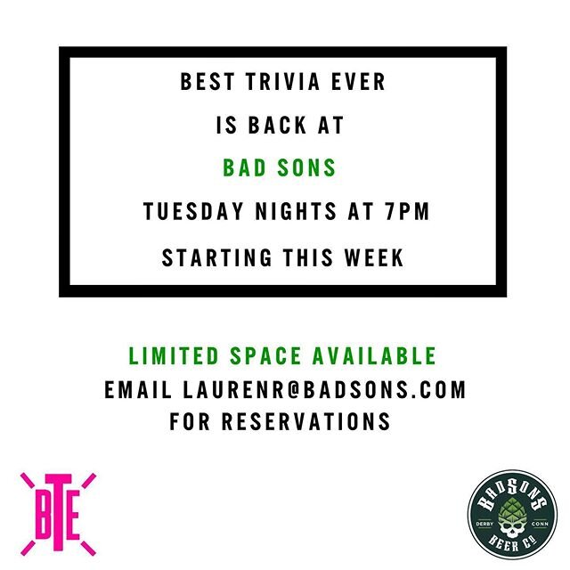 🍻 Trivia Tuesday&rsquo;s at BADSONS are back, brought to you by the fab squad at @besttriviaever! 🍻 We will be accepting reservations only for trivia. Please arrive by 6:30pm for your seat, in or outside! Trivia kicks off at 7pm. @roselandapizza  w