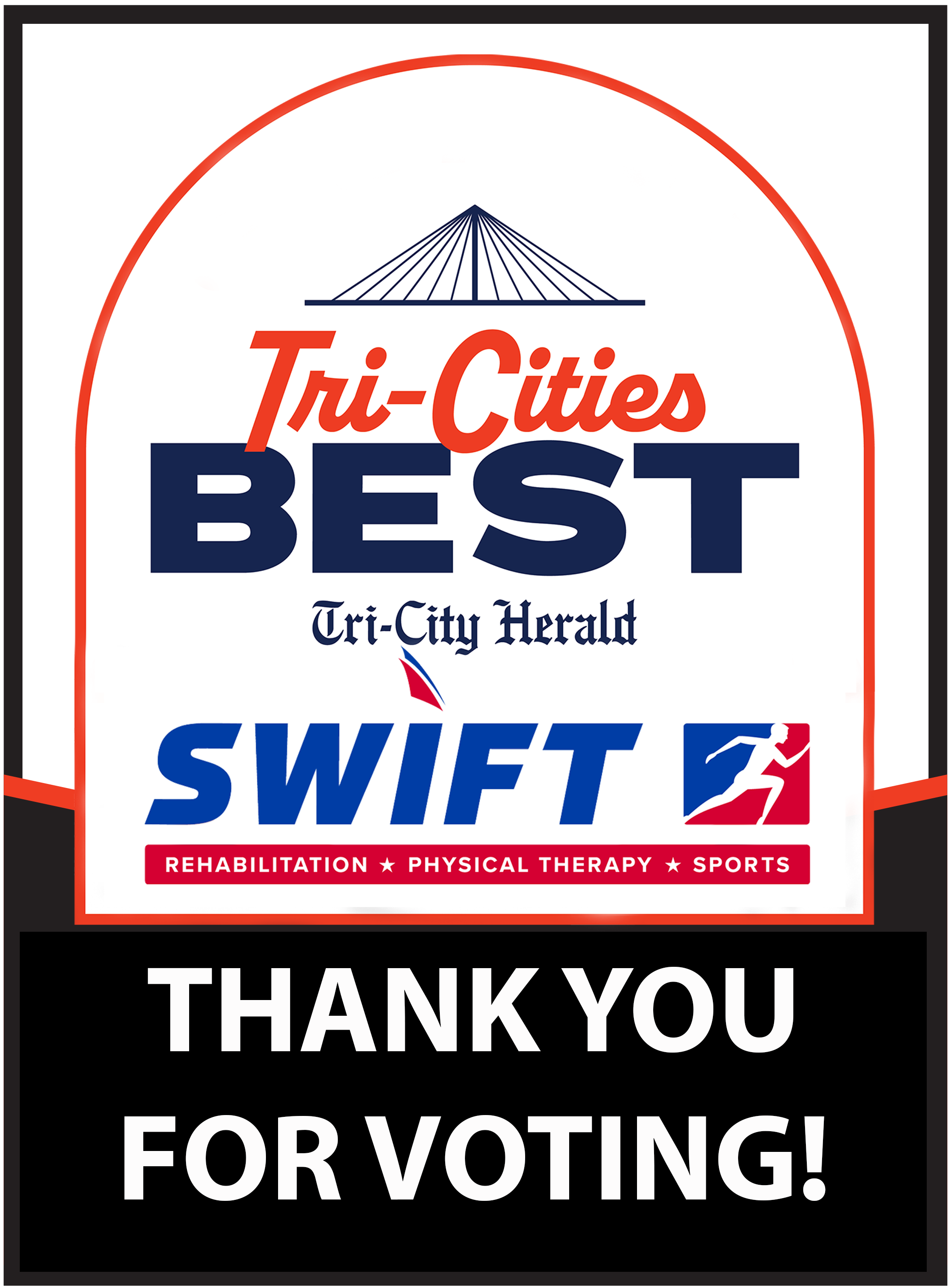 A thank you message for voting for Swift Rehabilitation as the Tri-Cities Best Physical Therapist, with a running figure and the words "SWIFT REHABILITATION, PHYSICAL THERAPY, SPORTS" in red and blue colors.