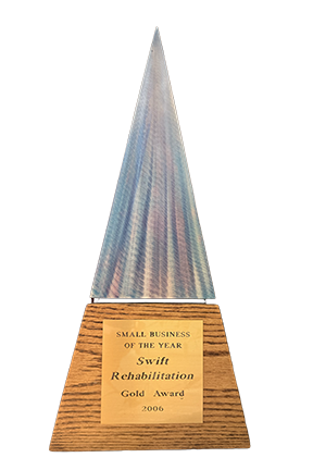 A tall, triangular-shaped award trophy with a metallic blue top and a wooden base. The wooden base has a gold plaque that reads "Small Business of the Year, Swift Rehabilitation, Gold Award, 2006" against a brick wall background.