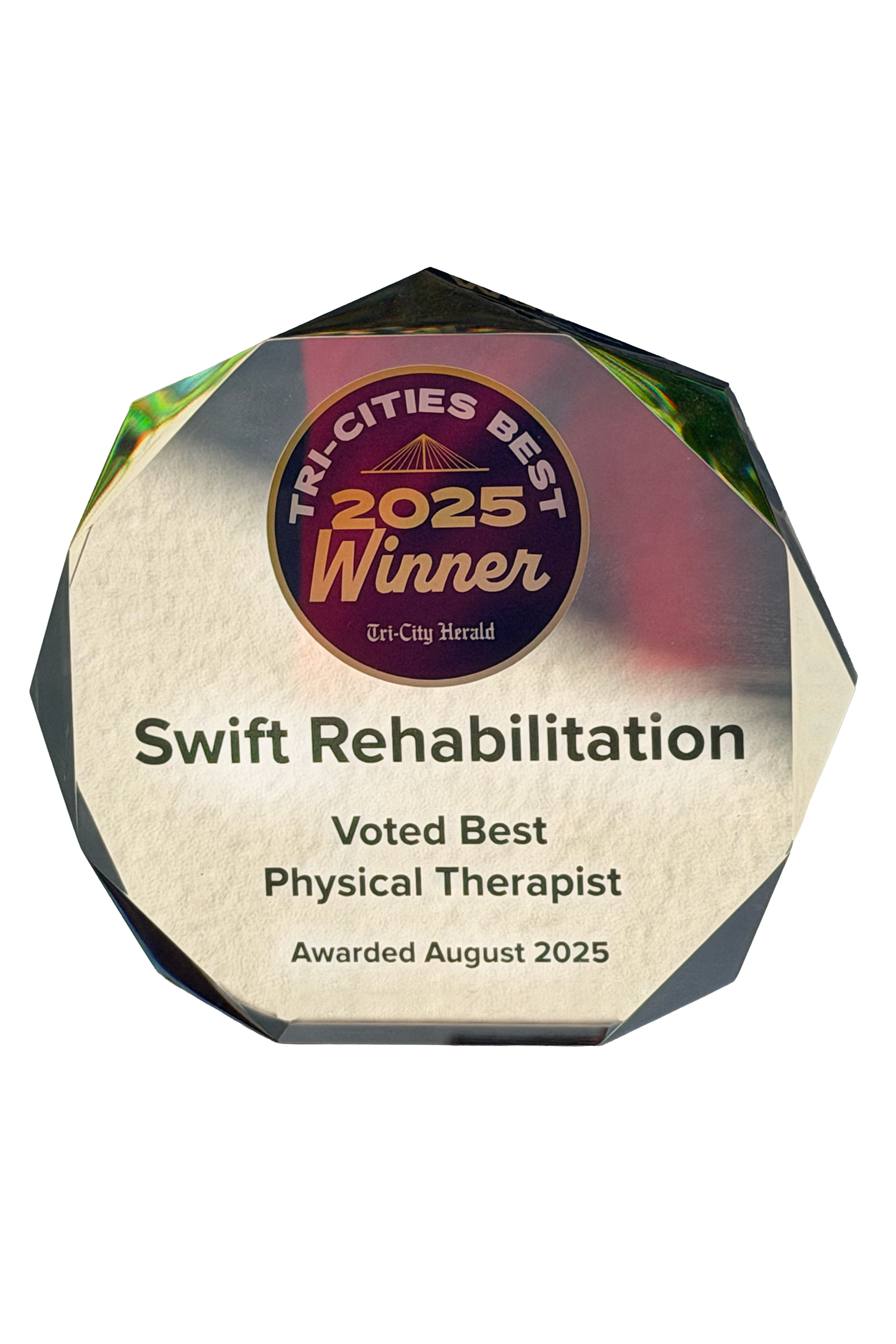 An award badge recognizing Swift Rehabilitation as the 'Voted Best Physical Therapist' in Tri-Cities, awarded in August 2025, with a Tri-Cities Best 2025 Winner logo at the top.
