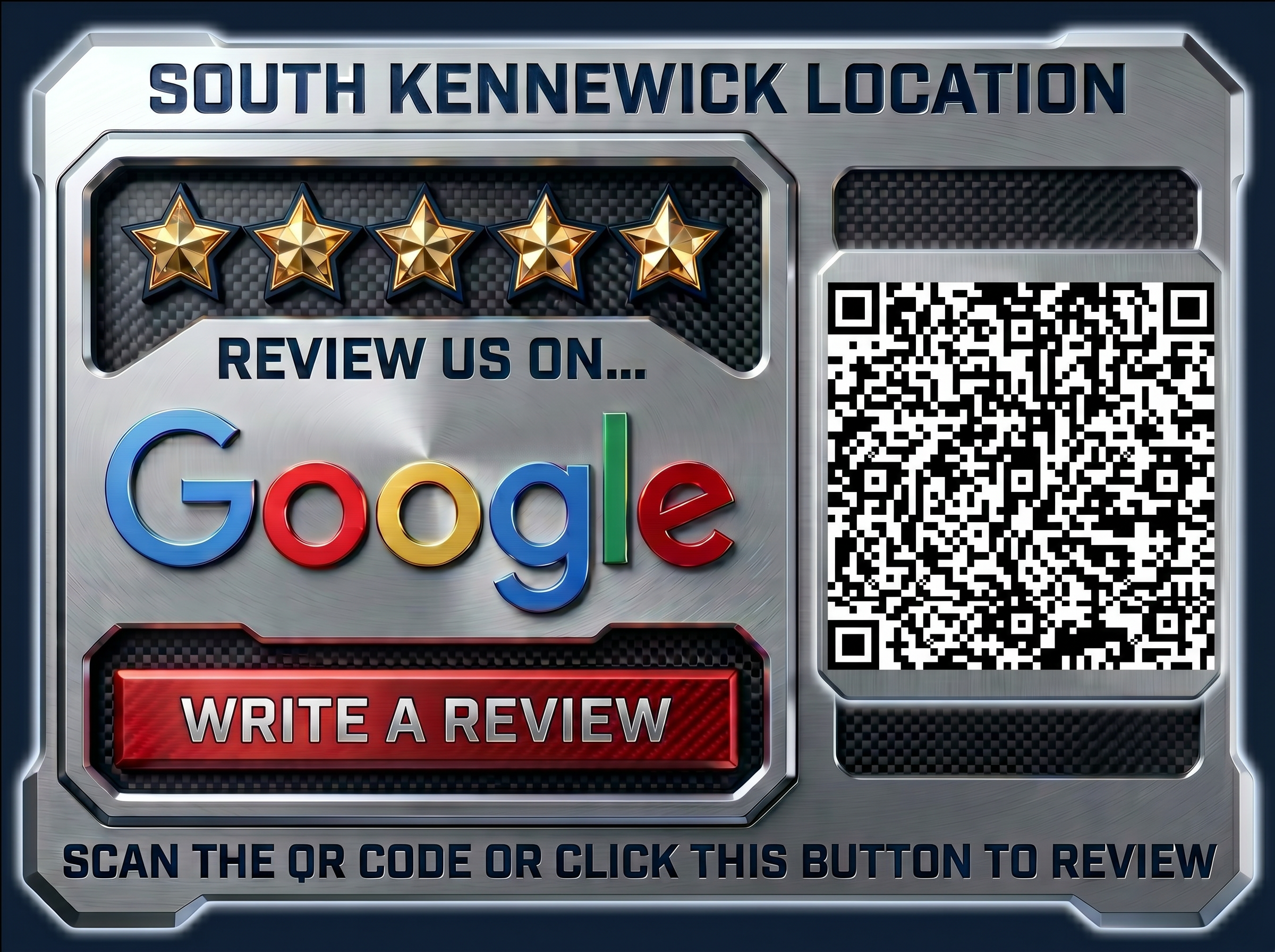A digital review sign for Google with five gold stars and a QR code, encouraging users to review the service.