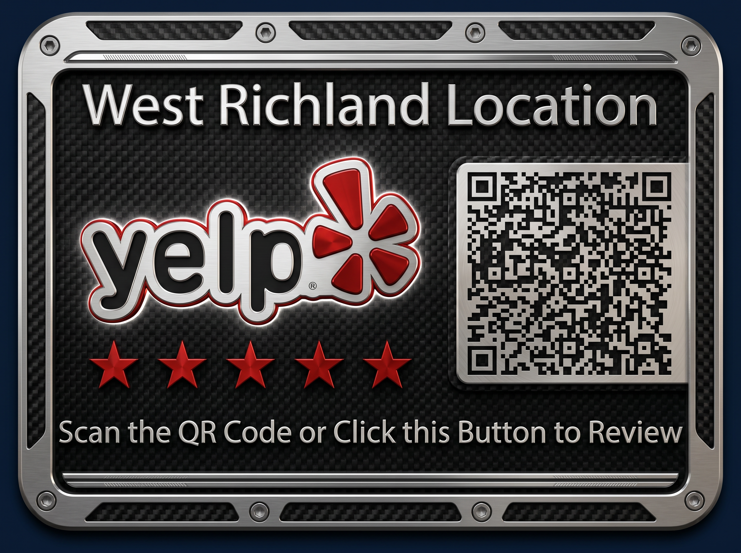 A digital sign with a carbon fiber background displaying the text 'West Richland Location' and a QR code. Below, there are red stars rating a service or location and a message instructing to scan the QR code or click the button to review.