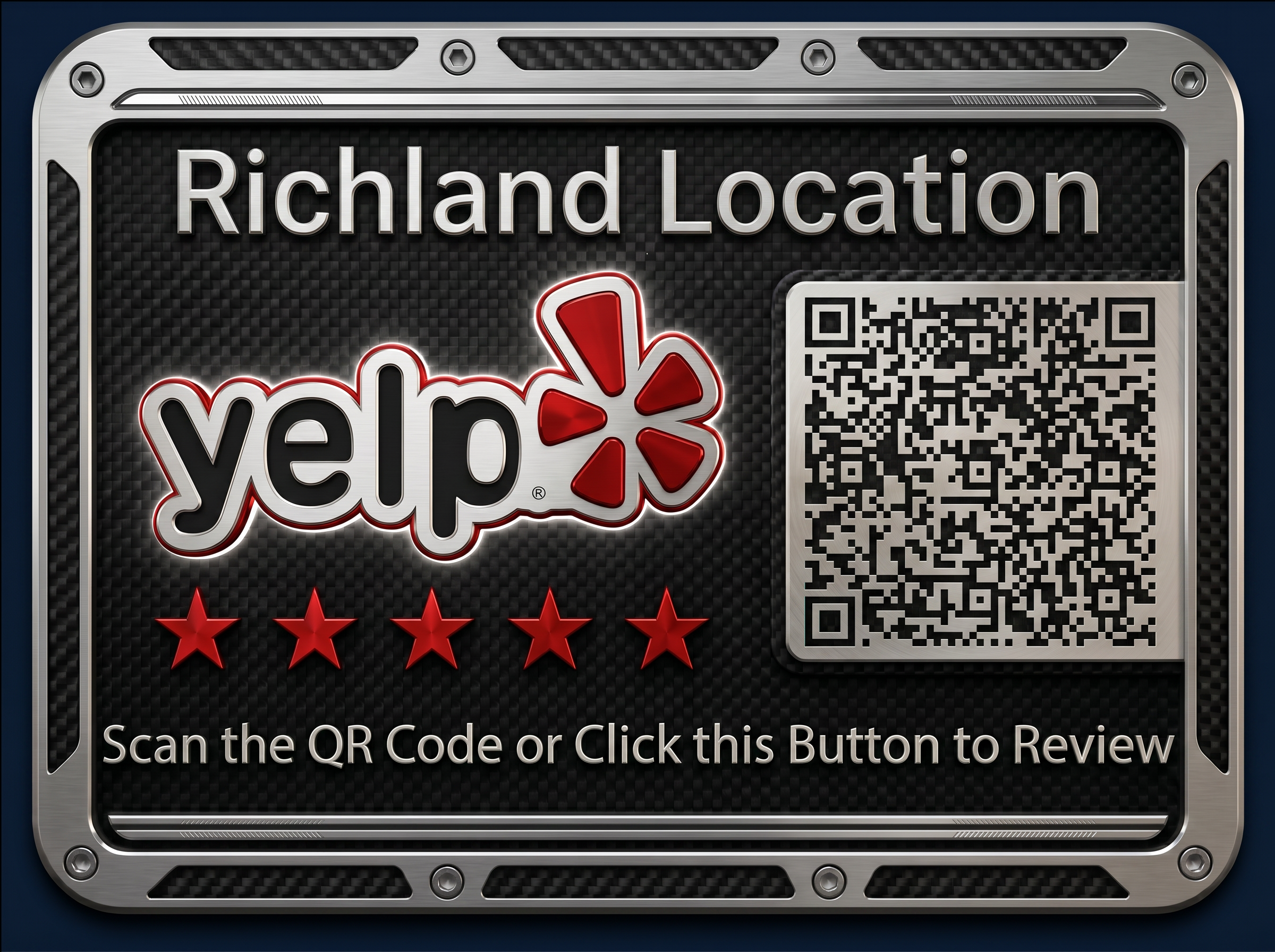 Close-up of a digital review card with a black carbon fiber background, silver metal frame, and red stars rating; contains a QR code and text instructing to scan or click to review, with the location 'Richland Location' displayed at the top.