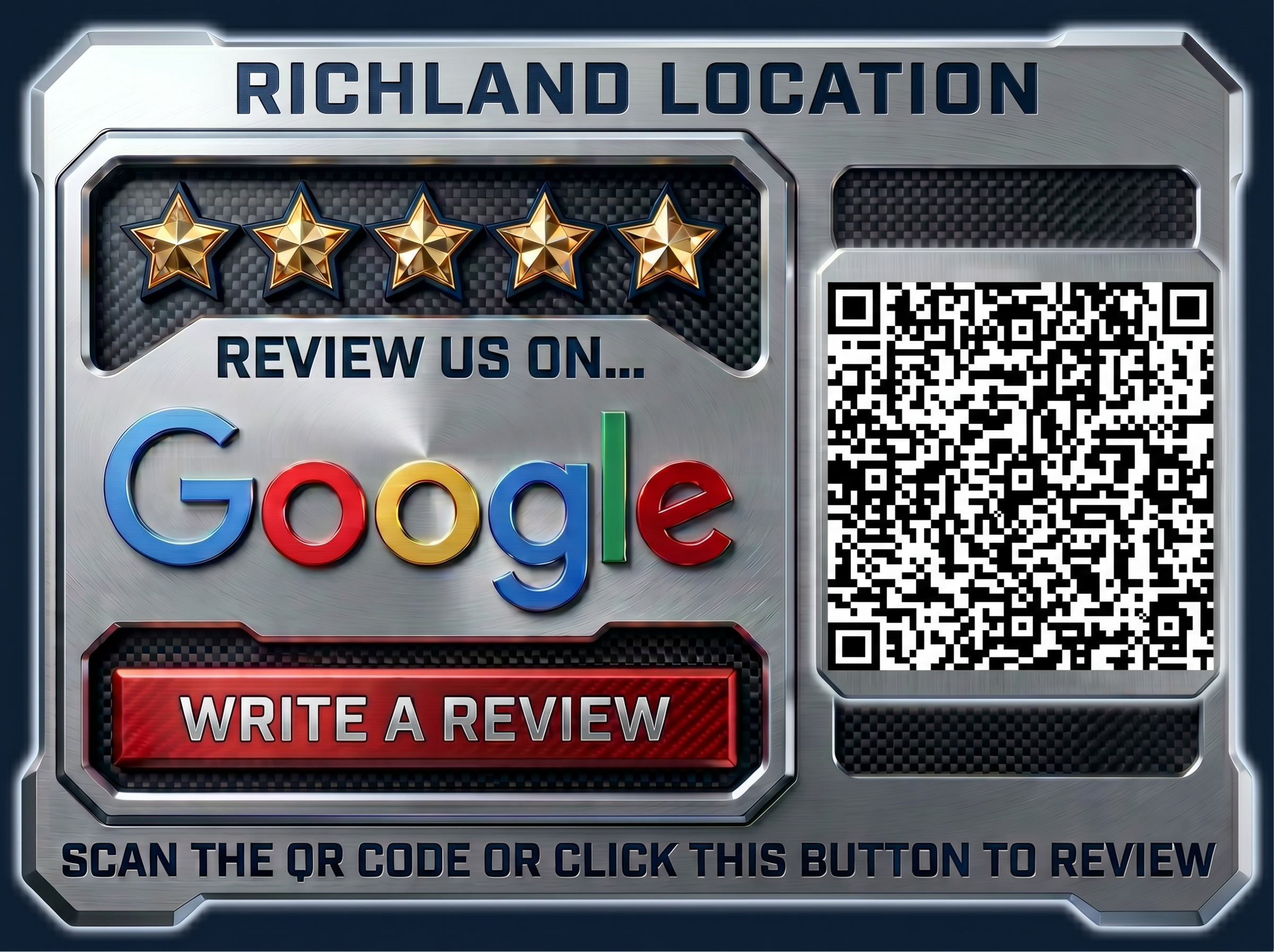 A metallic review button for Google with five gold stars, a QR code, and a red button to write a review.