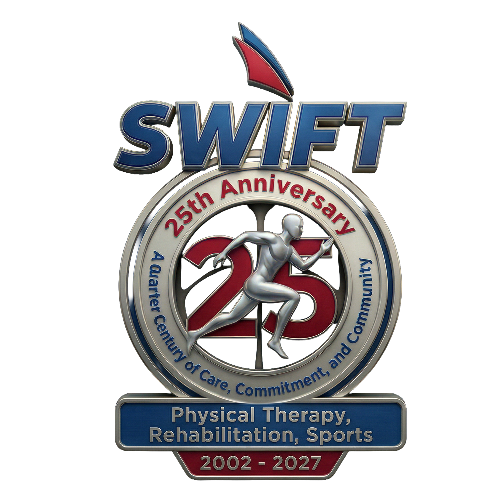 Logo celebrating the 25th anniversary of SWIFT, a physical therapy, rehabilitation, and sports organization, from 2002 to 2027. It features a running figure, the number 25, and a badge with the text 'A Quarter Century of Care, Commitment, and Communi