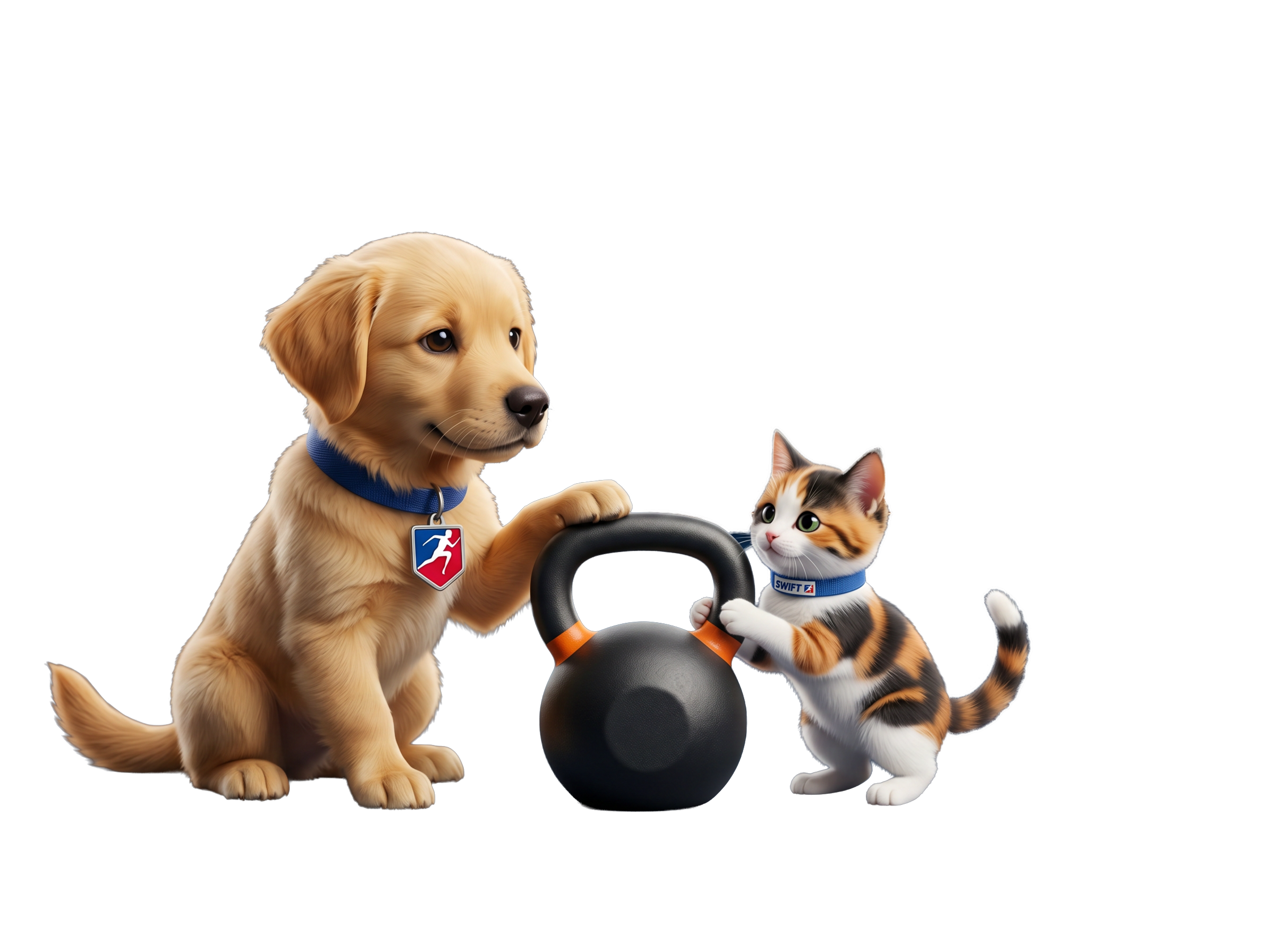 A cartoon-style illustration of a golden retriever puppy with a blue collar and an ID tag, and a calico cat with a blue collar and white paws, positioned next to a black kettlebell.