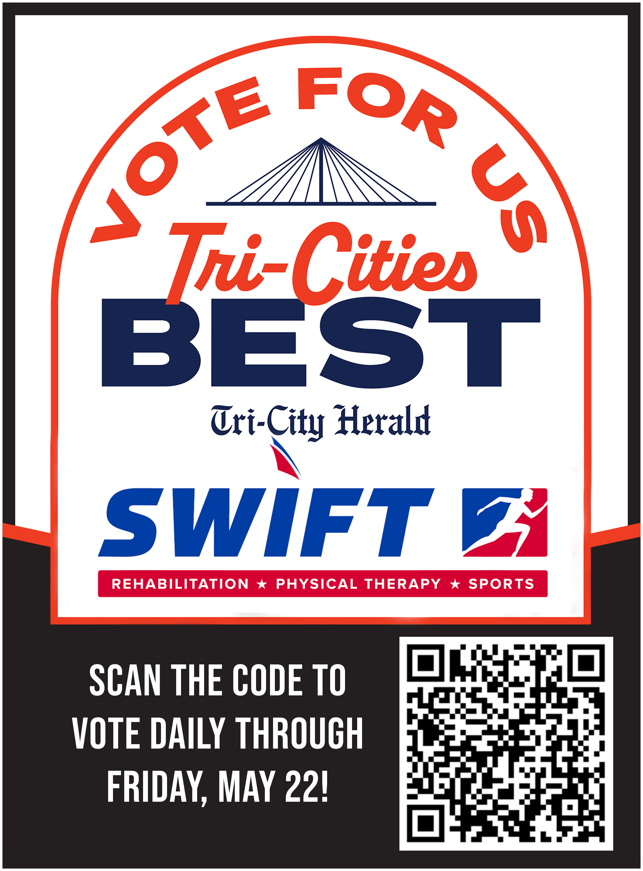 A voting campaign poster encouraging daily voting on Friday, May 22, with a QR code for scanning. It promotes rehabilitation, physical therapy, sports, and features the Tri-City Herald and an image of a running figure.